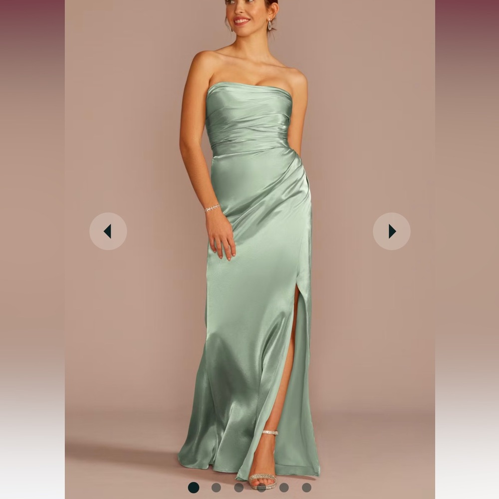 David's Bridal Strapless Satin Dress in Sage Green